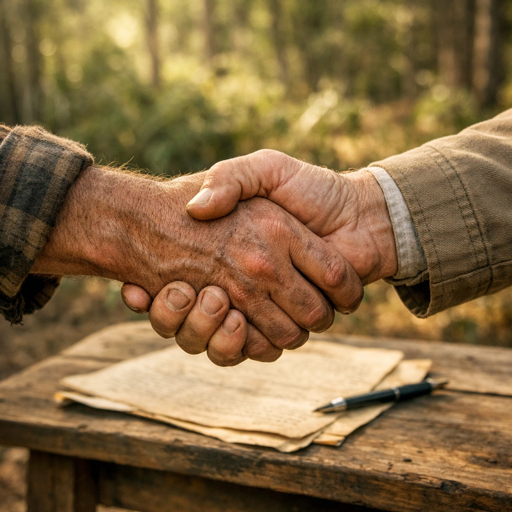 A handshake between a landowner and buyer to finalize an owner financing agreement.