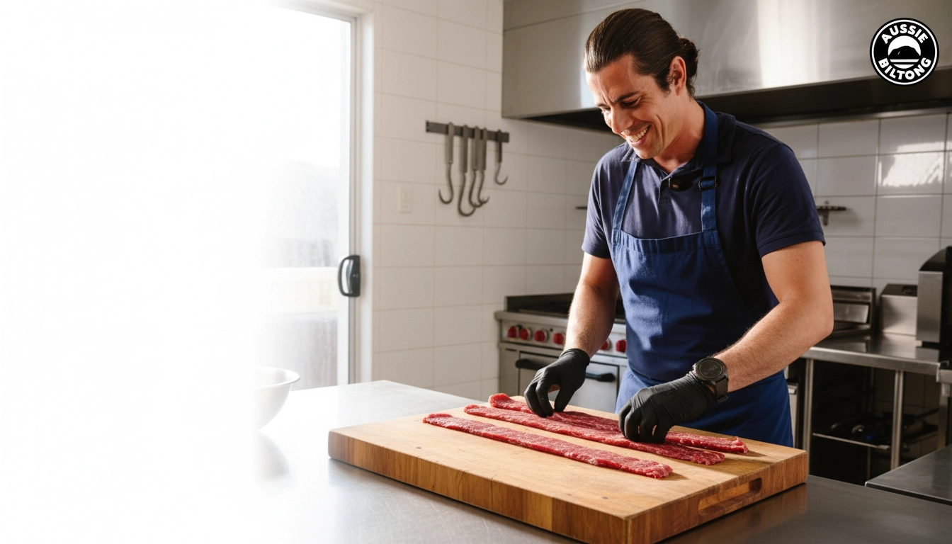 Chef Mark making Australian beef biltong in Bondi kitchen, bright natural light, clean minimal background, Aussie Biltong logo top right