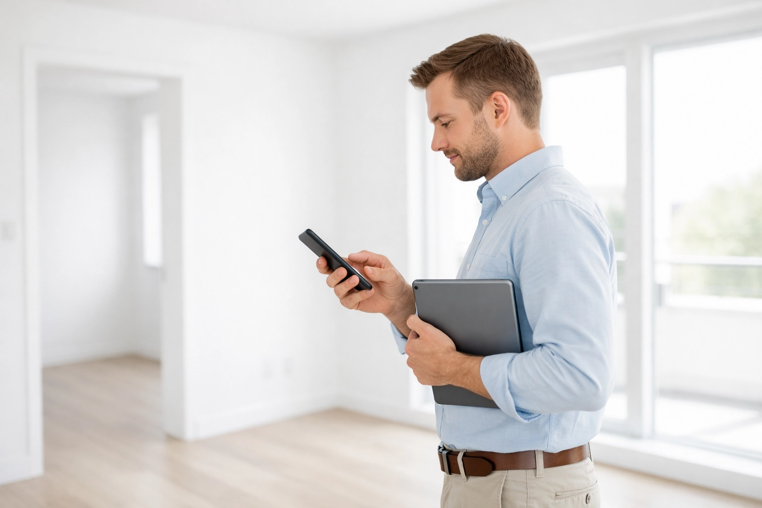 Property manager conducting pre-inspection of empty apartment unit with smartphone and tablet