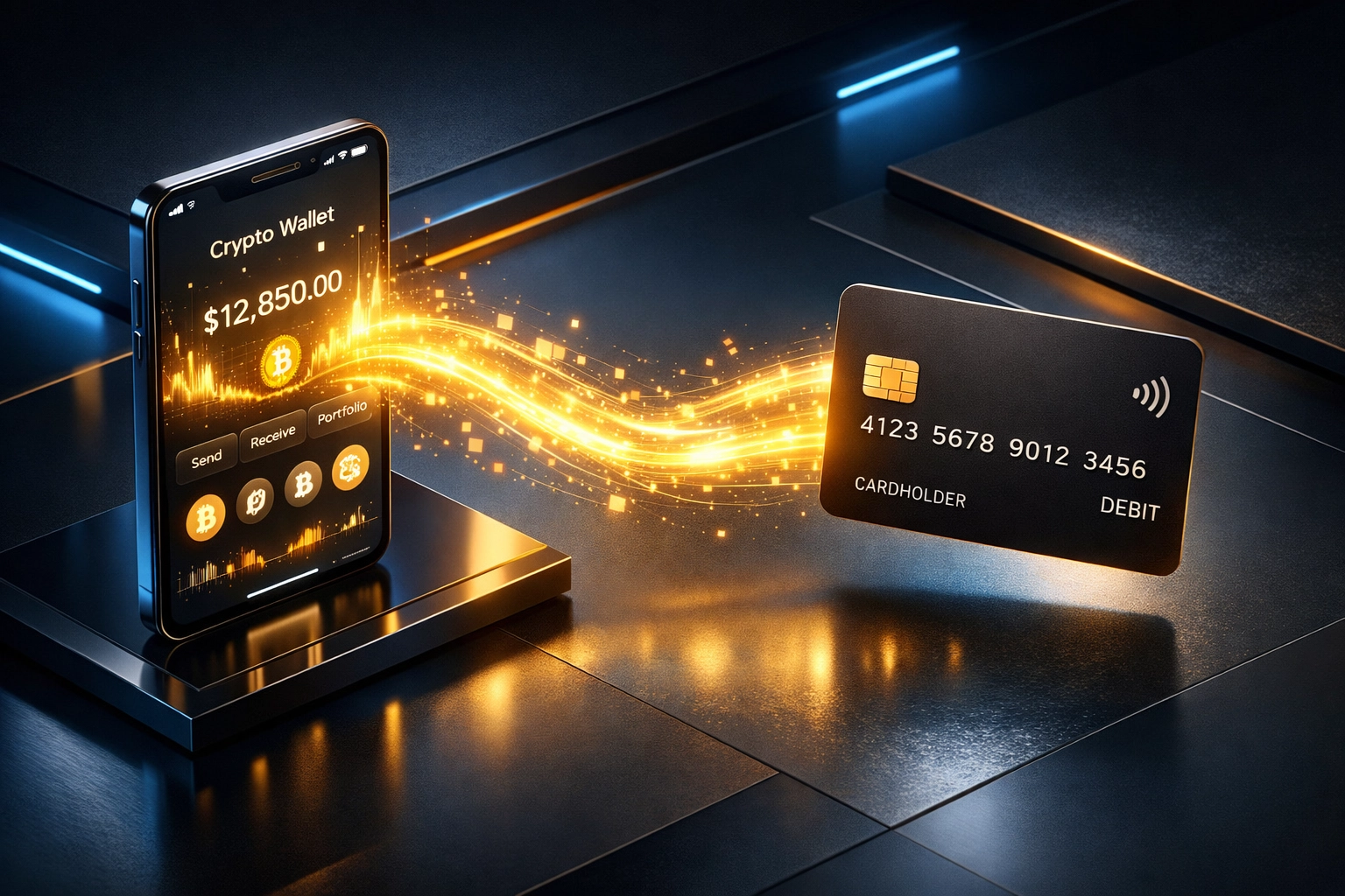 Digital crypto wallet transferring funds to a debit card, representing Larecoin's fast push-to-card merchant solution.