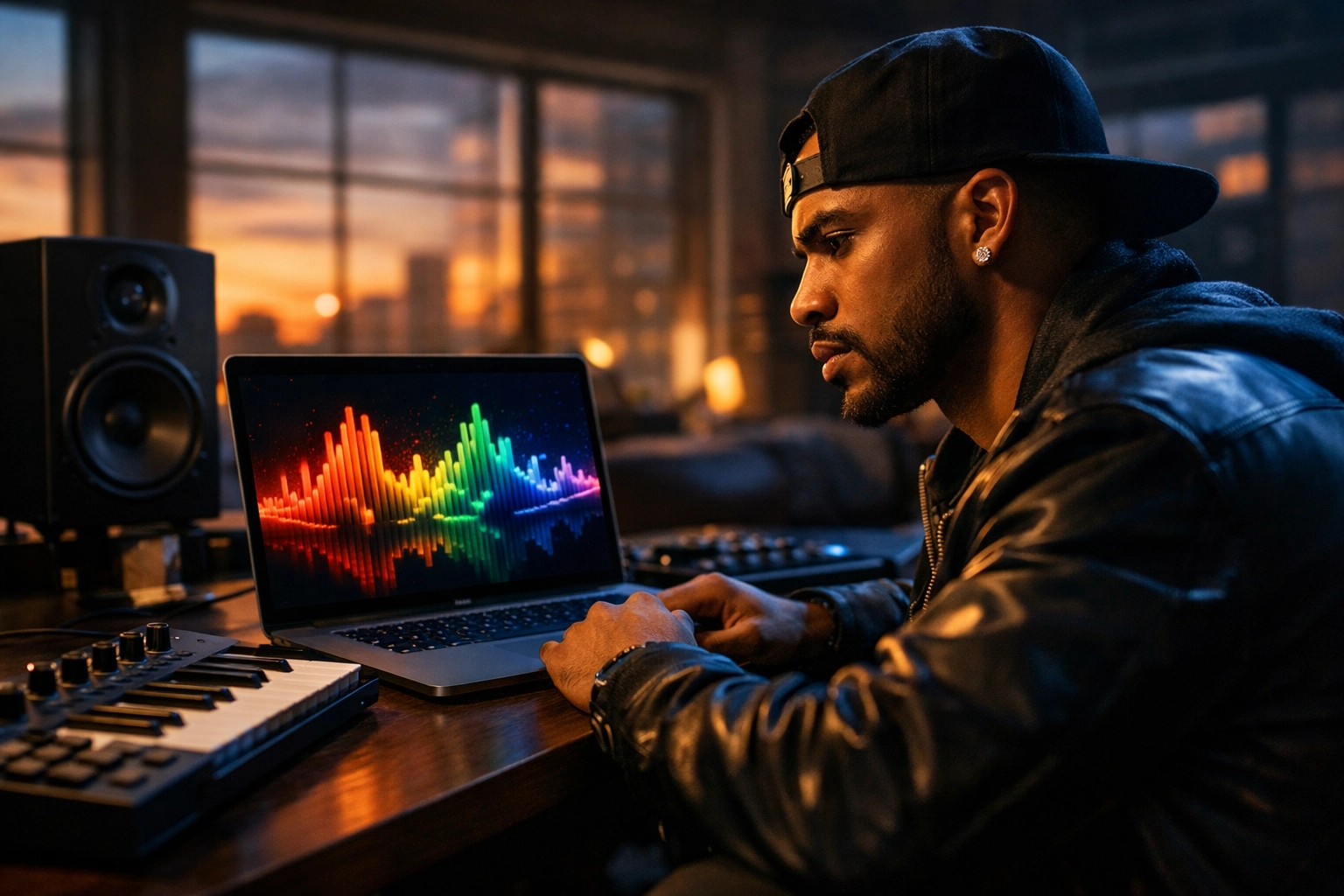Music artist using AI engineering tools in a modern home studio loft at sunset.