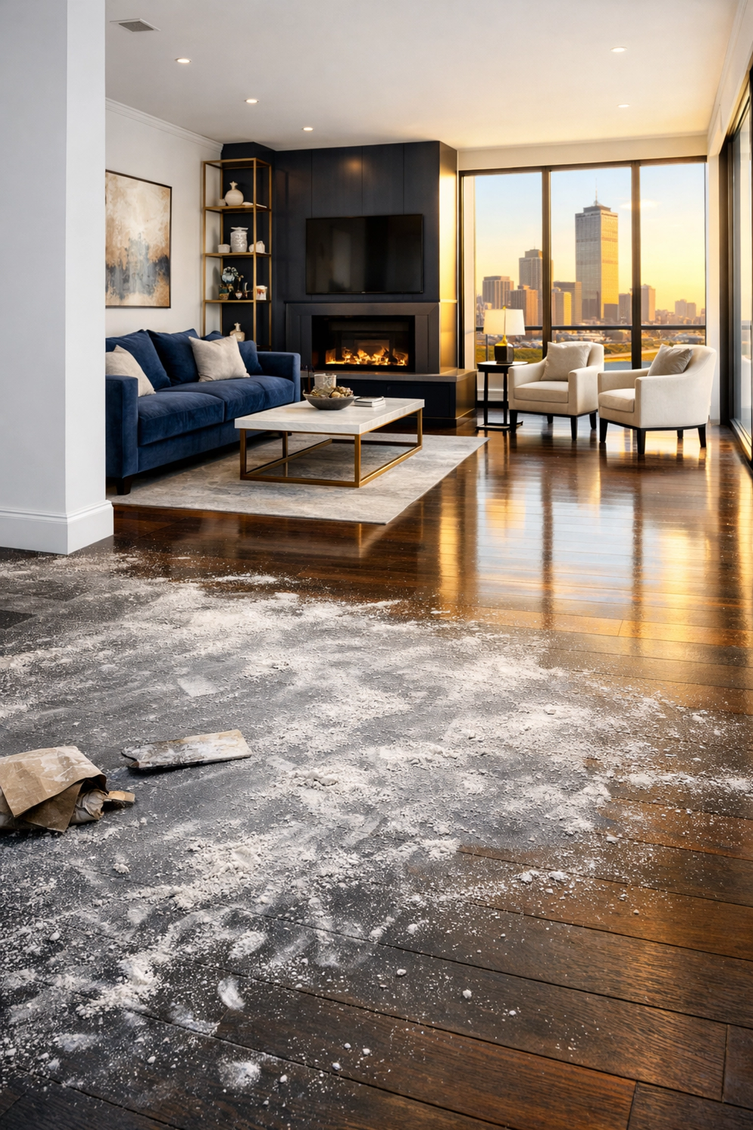 Professional post-construction cleaning in a Boston condo showing the transition from dust to a pristine floor.