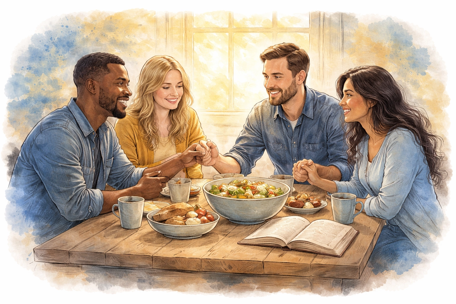 Four diverse Christians share a meal and fellowship around a rustic table, symbolizing authentic Christian community.