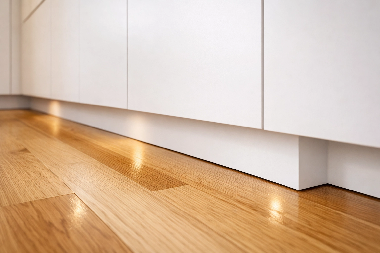 Seamless wood flooring renovation and modern kitchen cabinetry with functional toe-kick.