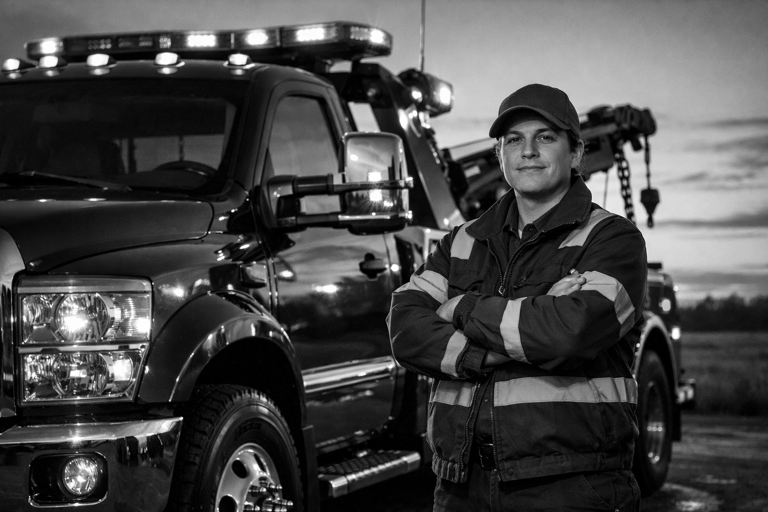 Professional tow truck operator standing by vehicle ready to respond to emergency calls