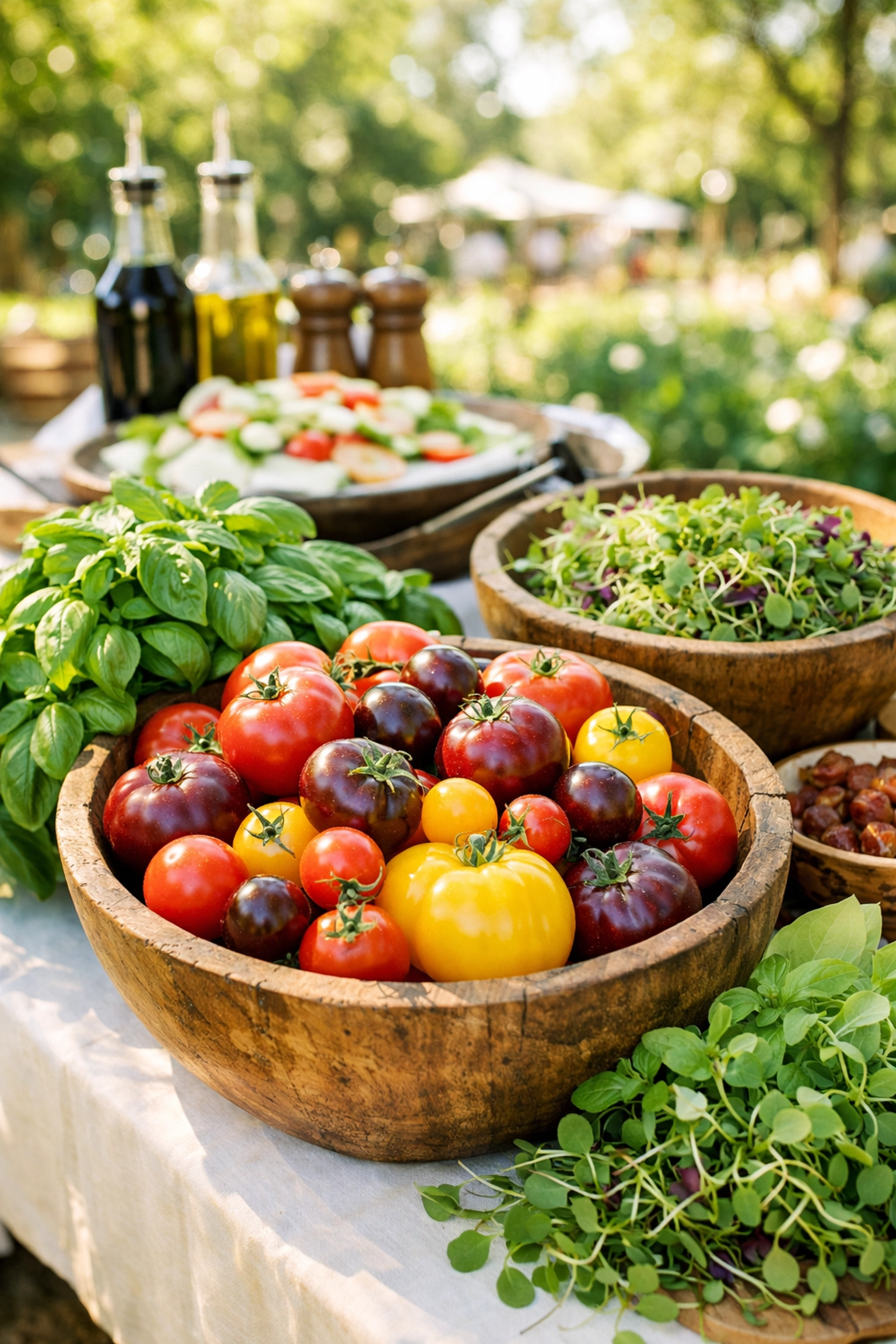 Farm-to-table wedding food station featuring fresh, seasonal heirloom tomatoes and local garden greens.