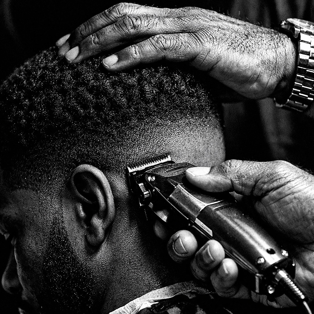 Master barber performing precision fade on textured coily hair at X-Quisite Cutz