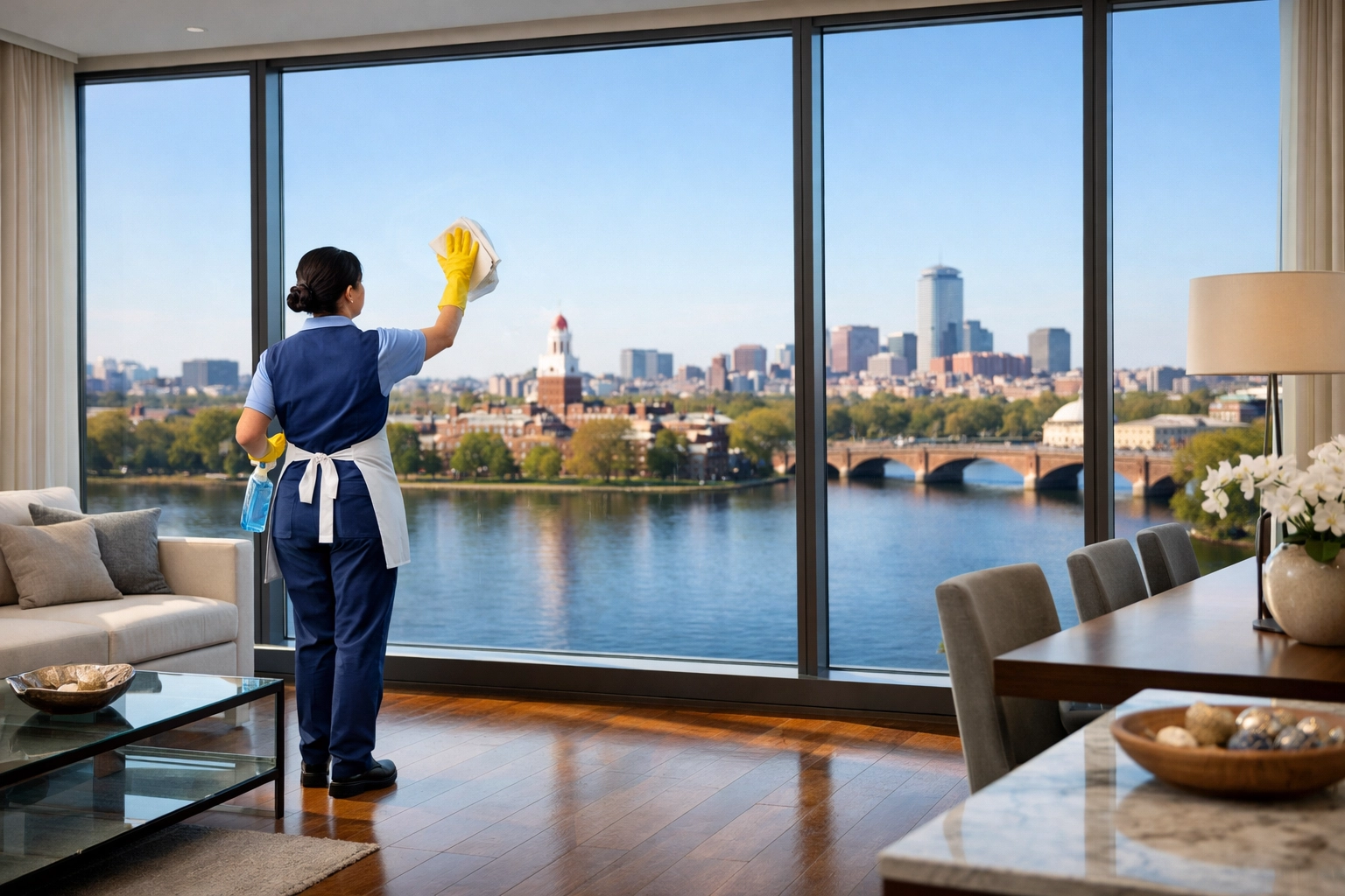 Professional maid service Cambridge specialist cleaning a luxury apartment overlooking the Charles River.