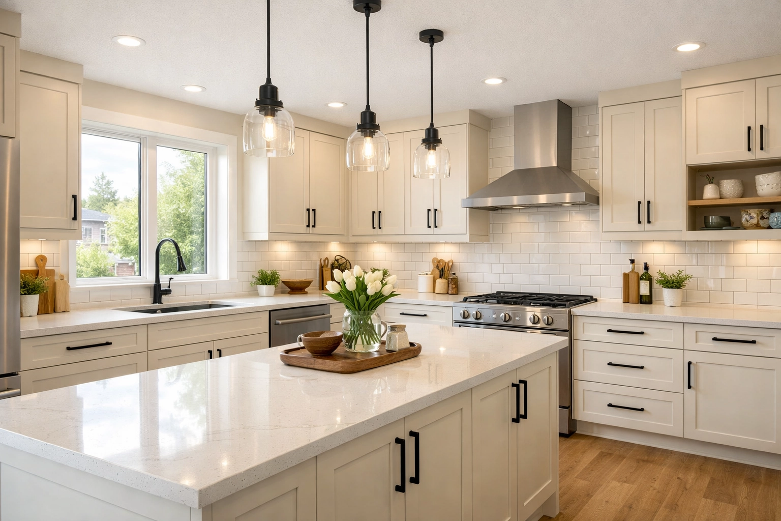 Stunning kitchen cabinet makeover in Saskatoon with cream refaced cabinets and matte black hardware.