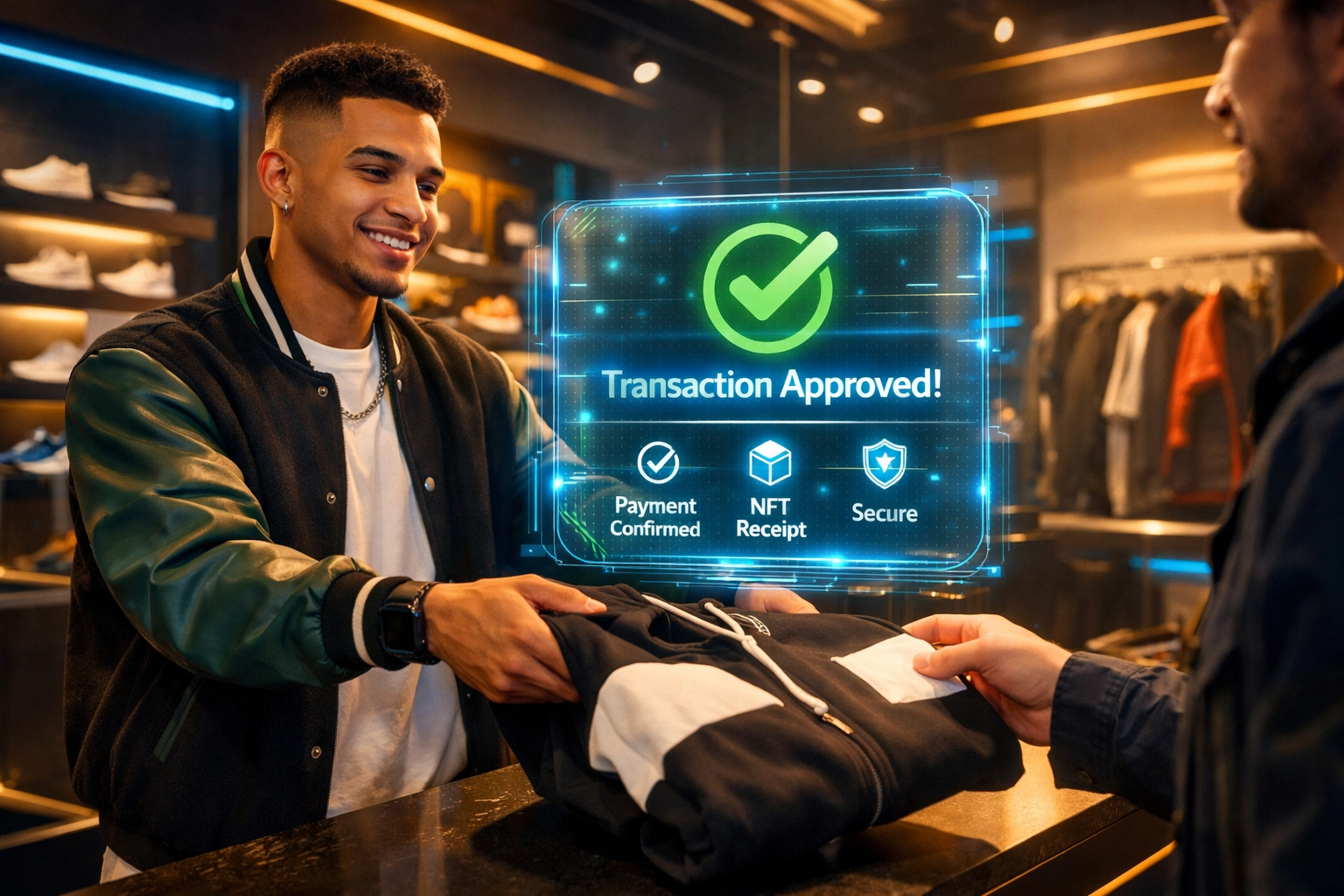 Merchant using holographic Web3 payment interface for instant crypto settlement in a retail store.