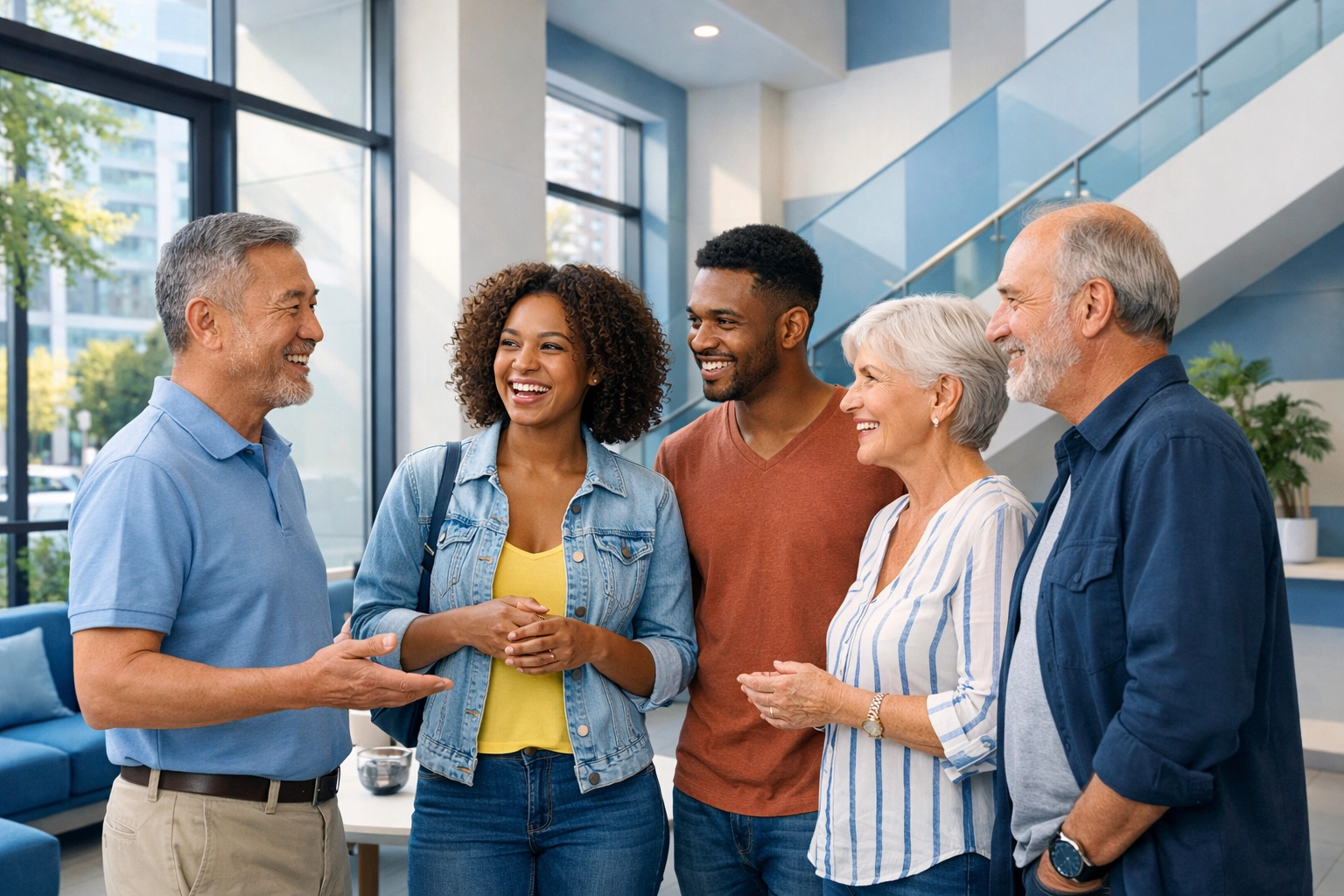Happy condo residents socializing in a modern Ridgewood Queens building lobby