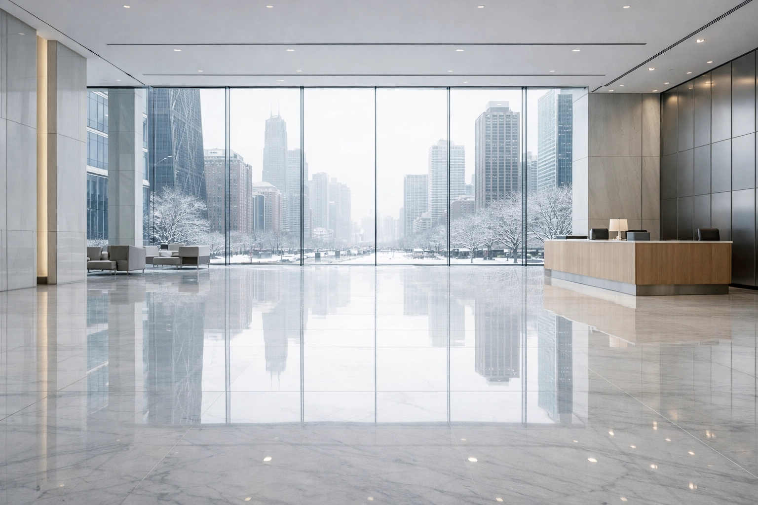 Polished marble floor in a luxury Chicago office lobby protected from Midwest winter salt damage.