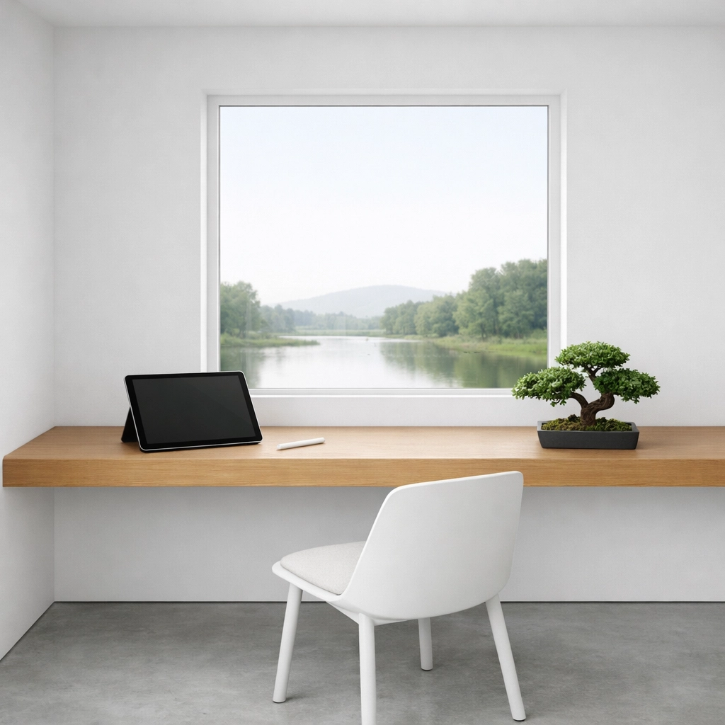 A minimalist home office with a nature view, reflecting a simple and focused design philosophy.