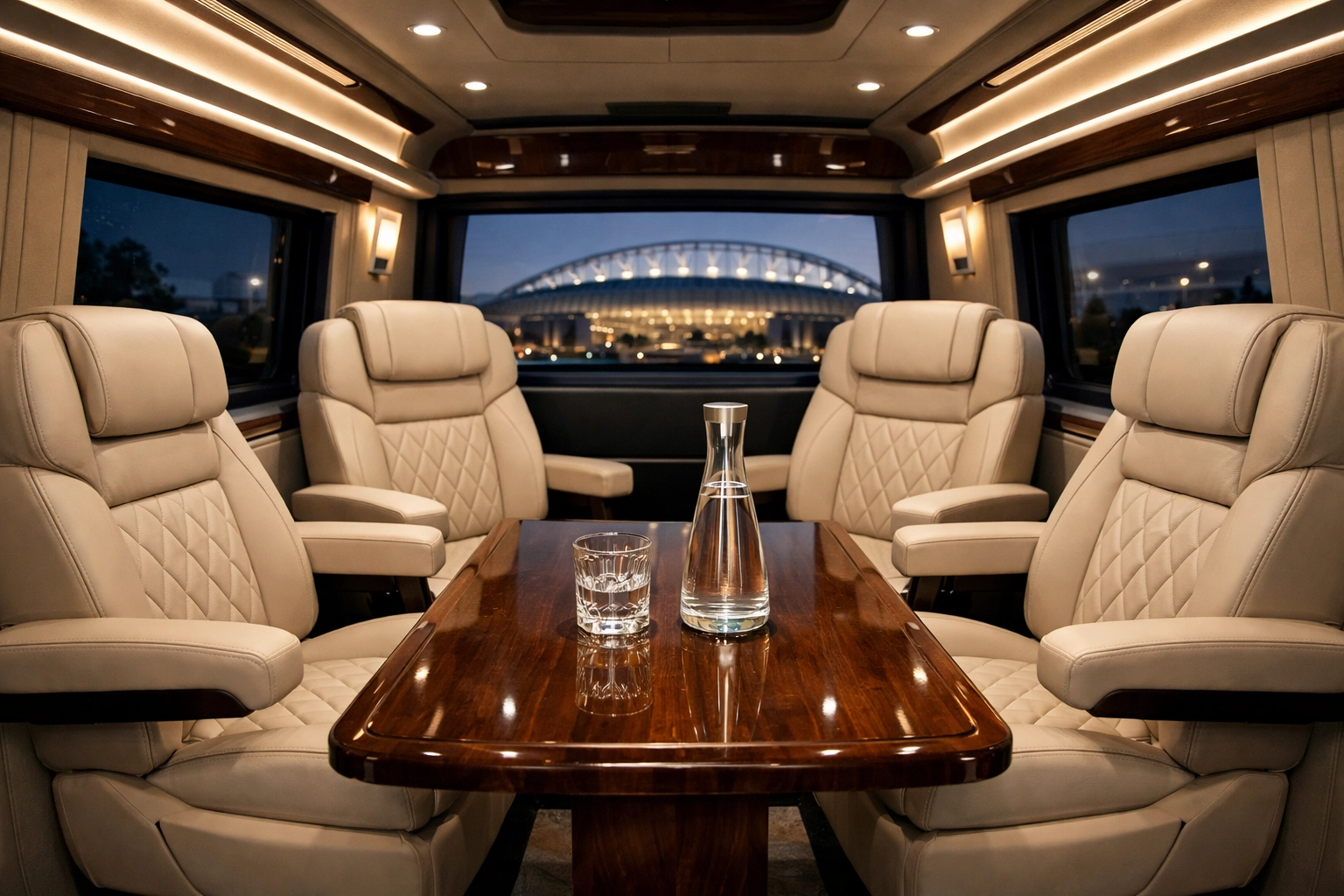 Luxury executive Sprinter van interior designed for high-end corporate hospitality and VIP transport.