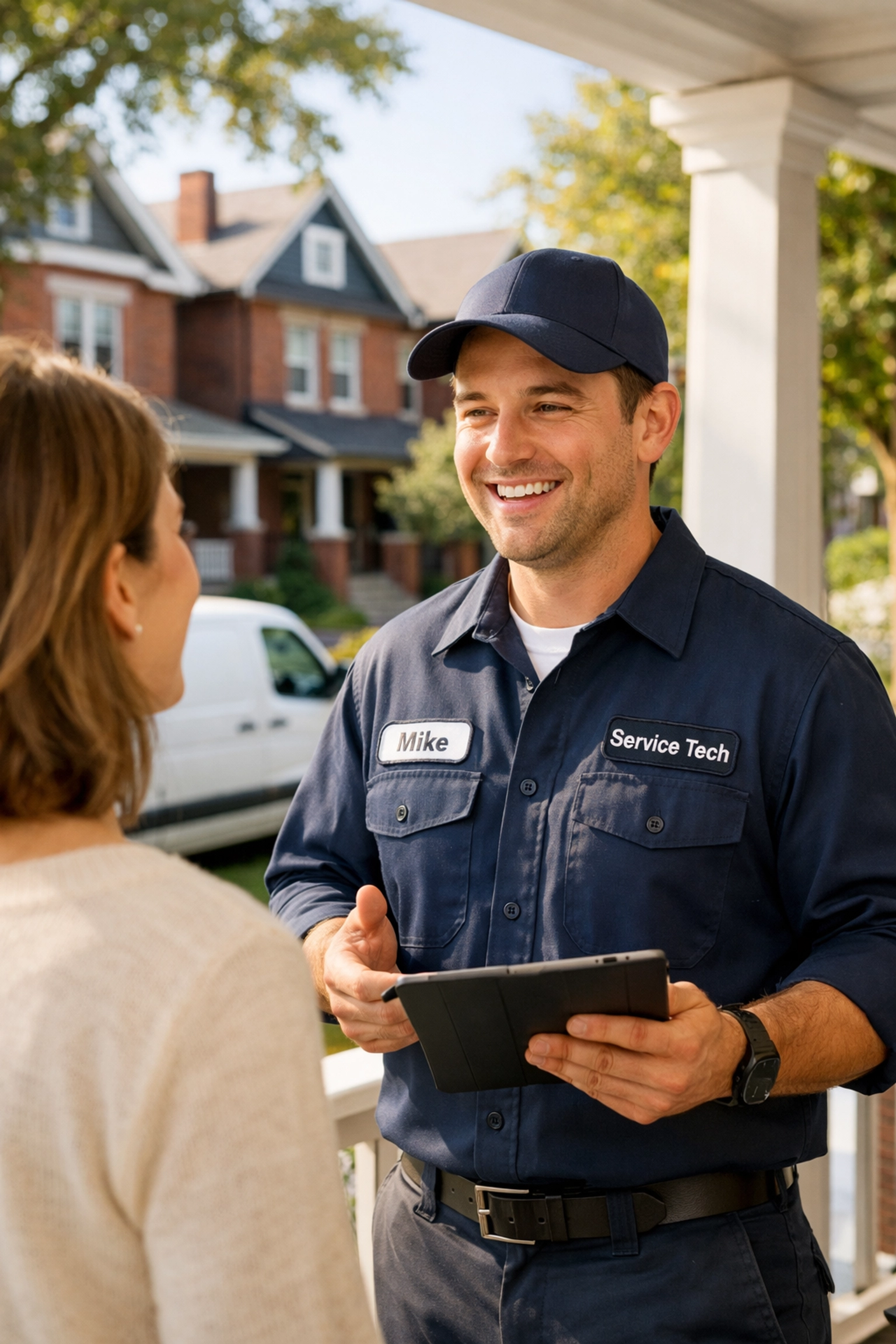 Professional service technician interacting with a Toronto homeowner to build local business trust.