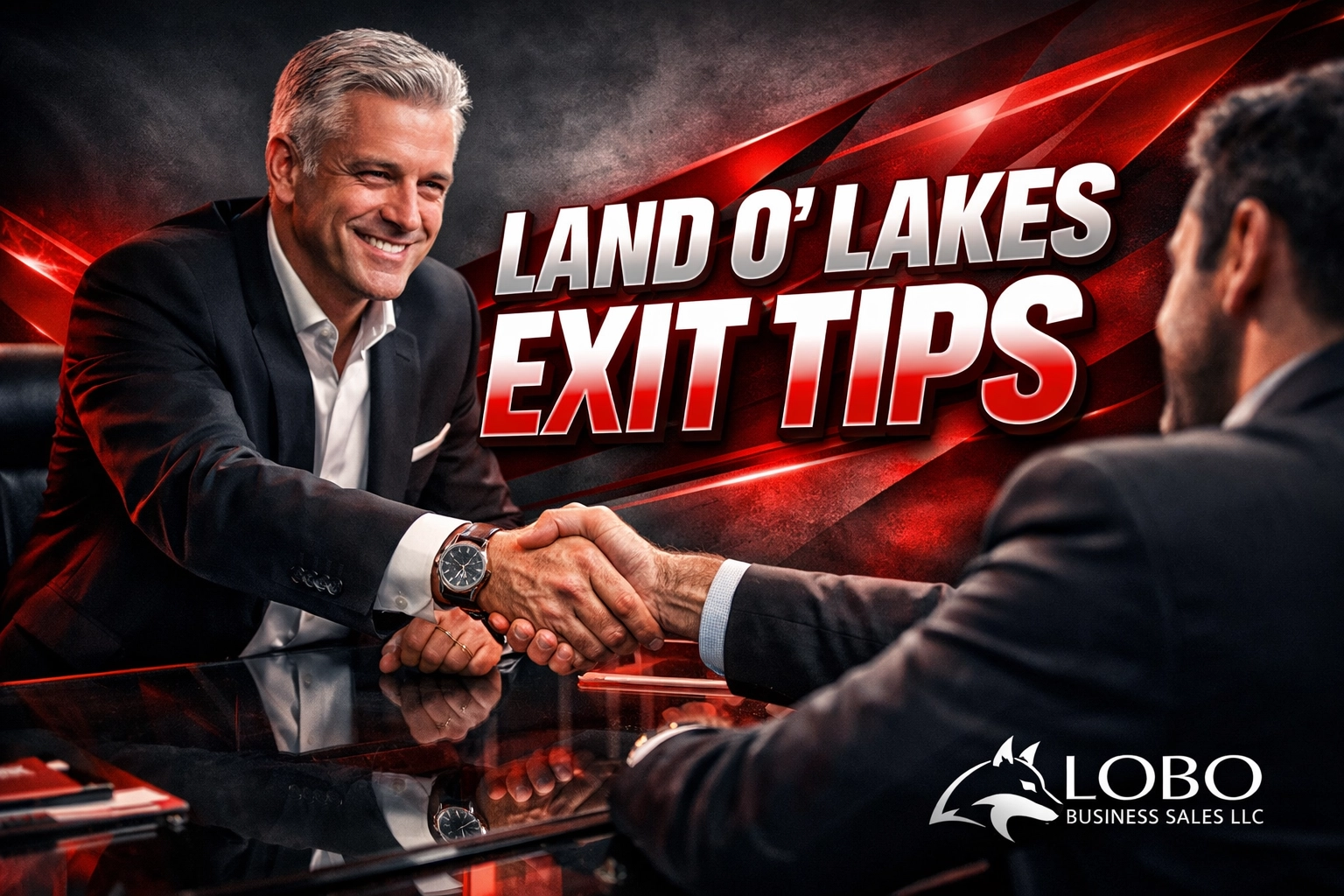 Land O' Lakes exit tips showing a business broker shaking hands with an owner for an SBA-backed sale.
