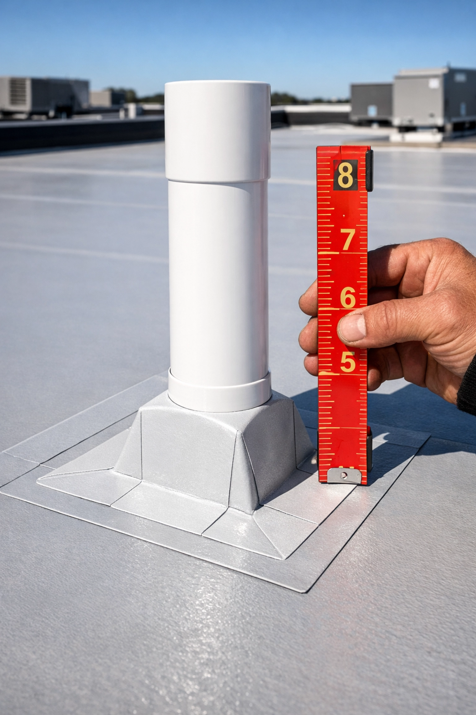 Salisbury commercial roofer measuring 8-inch flashing height on a TPO roof to ensure proper water protection.