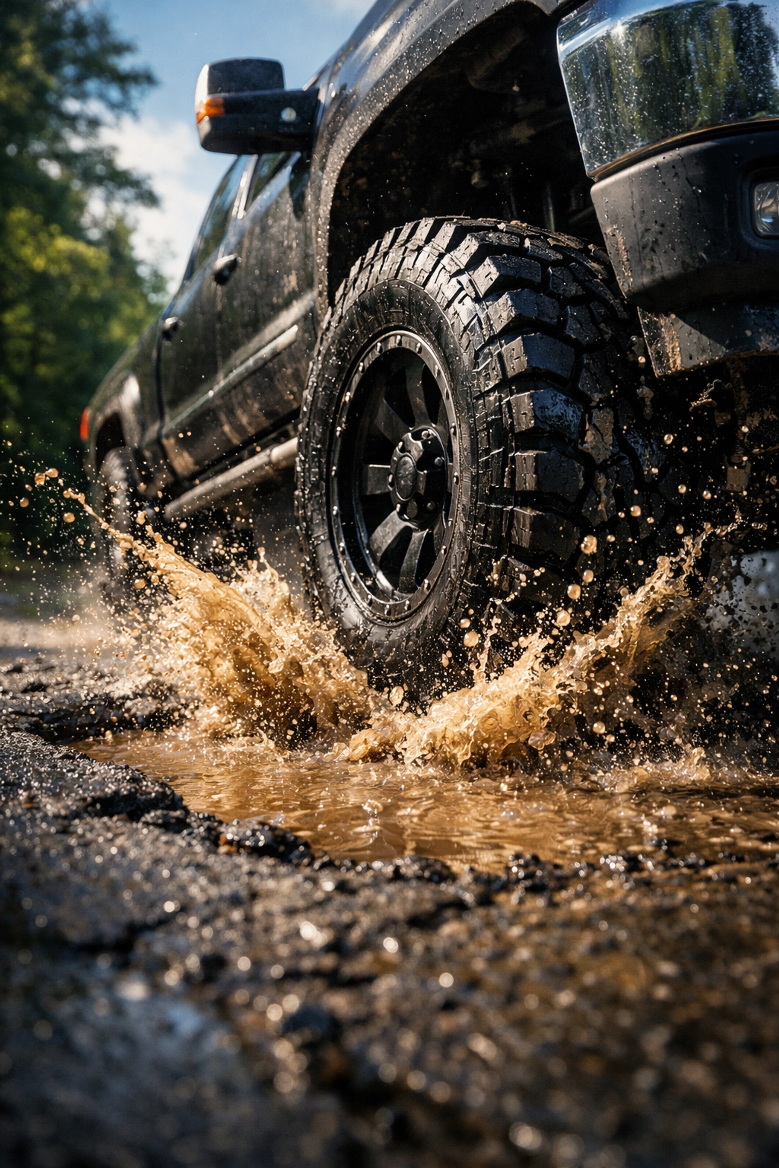 A truck tire hitting a deep pothole in White Hall, highlighting the need for wheel repair services.