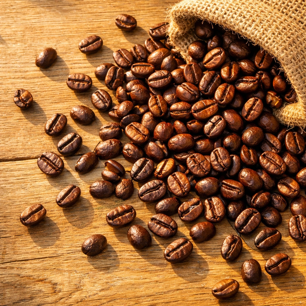 Freshly roasted speciality coffee beans on a rustic wooden table.