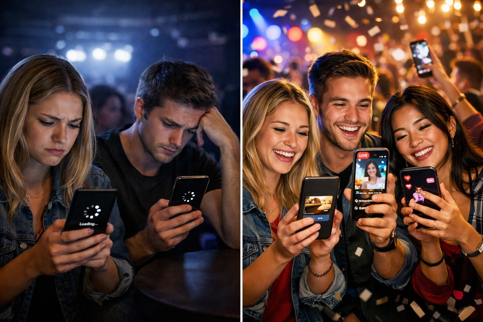 Comparison of frustrated attendees with poor WiFi versus happy guests posting with reliable connectivity