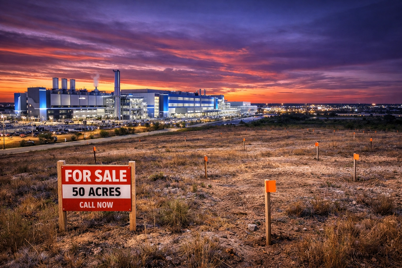 Industrial campus next to undeveloped Texas land showing proximity to major employment and growth zones