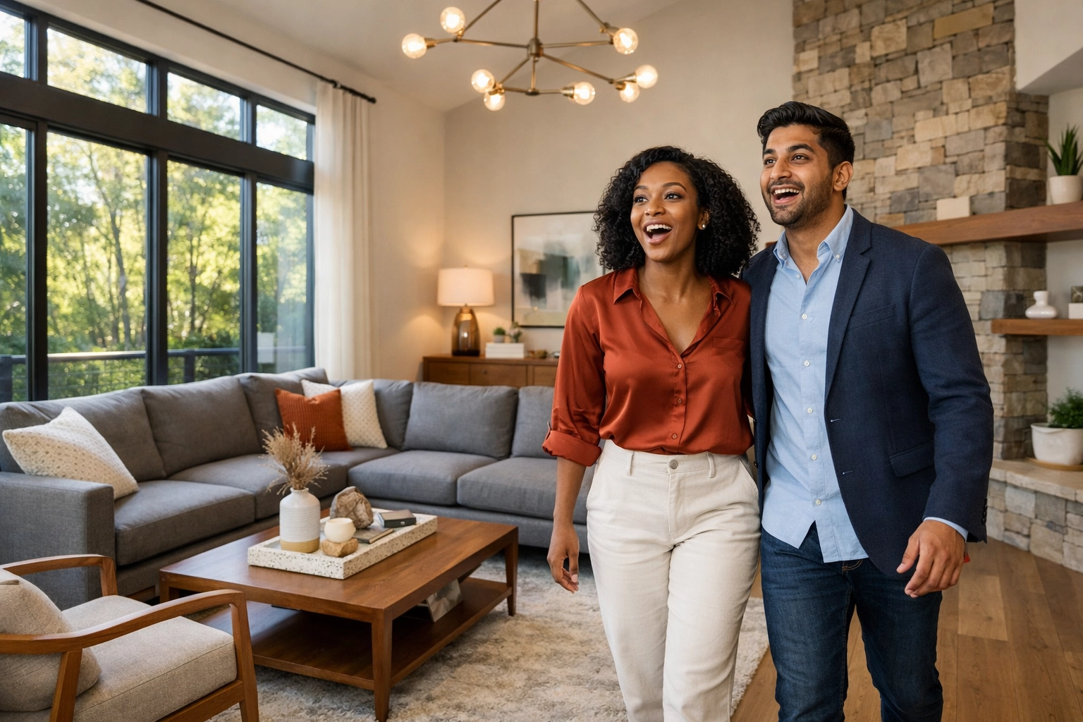 A diverse couple admiring a modern, staged living room in the North Carolina Triangle market.