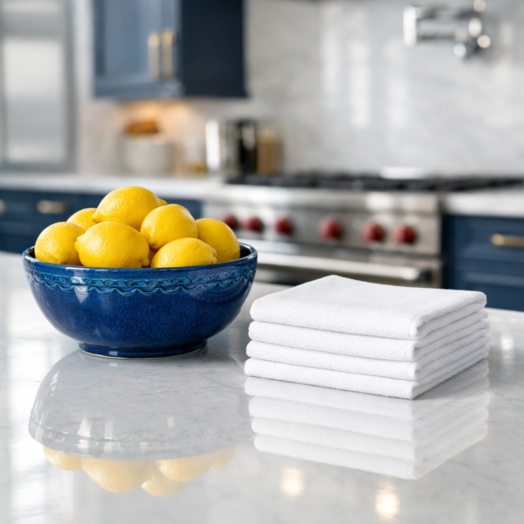 Spotless luxury kitchen island with polished quartz, demonstrating the best residential cleaning in Marblehead.