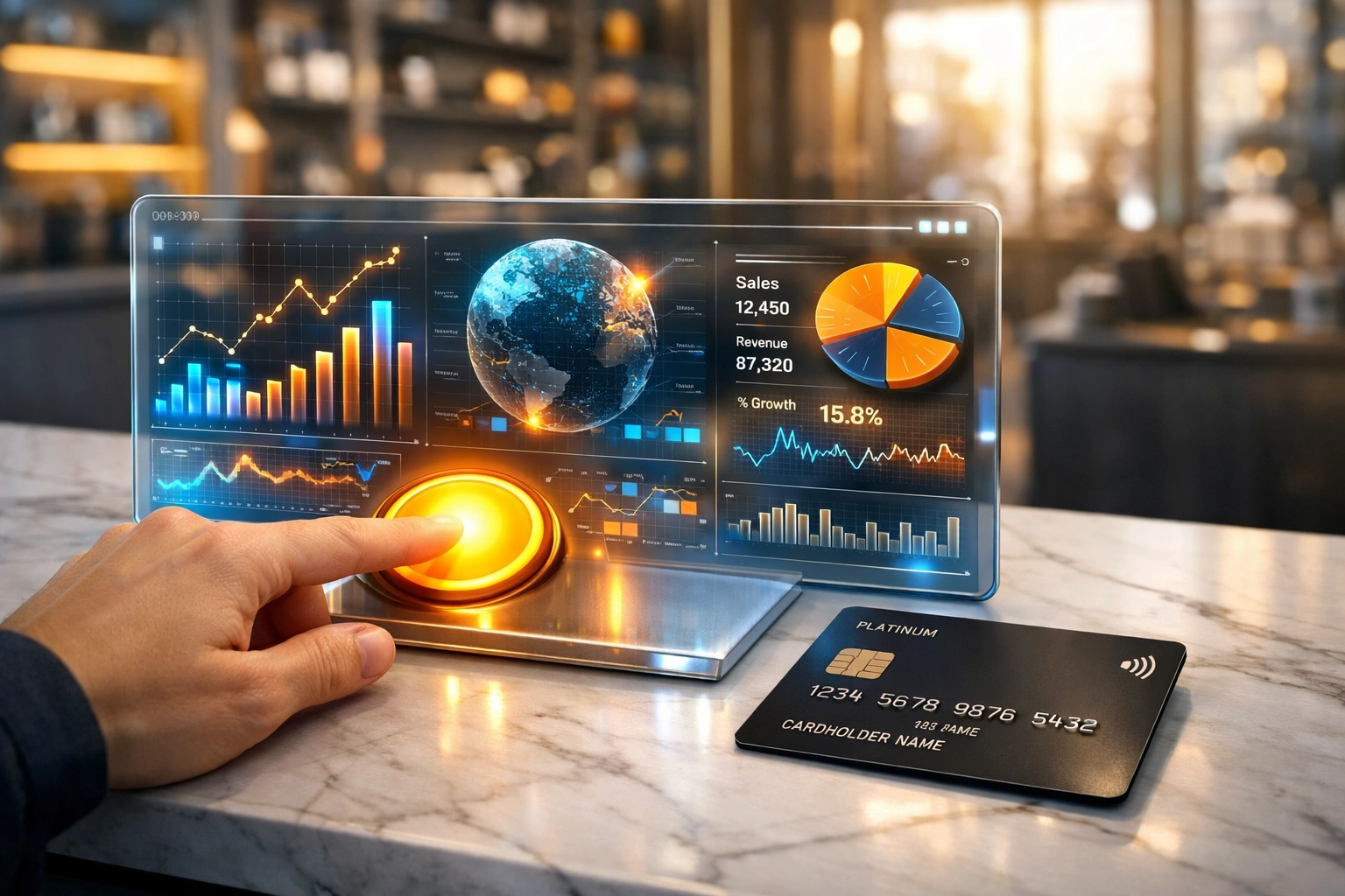 Larecoin merchant using the Push-to-Card service on a holographic dashboard for crypto payments.