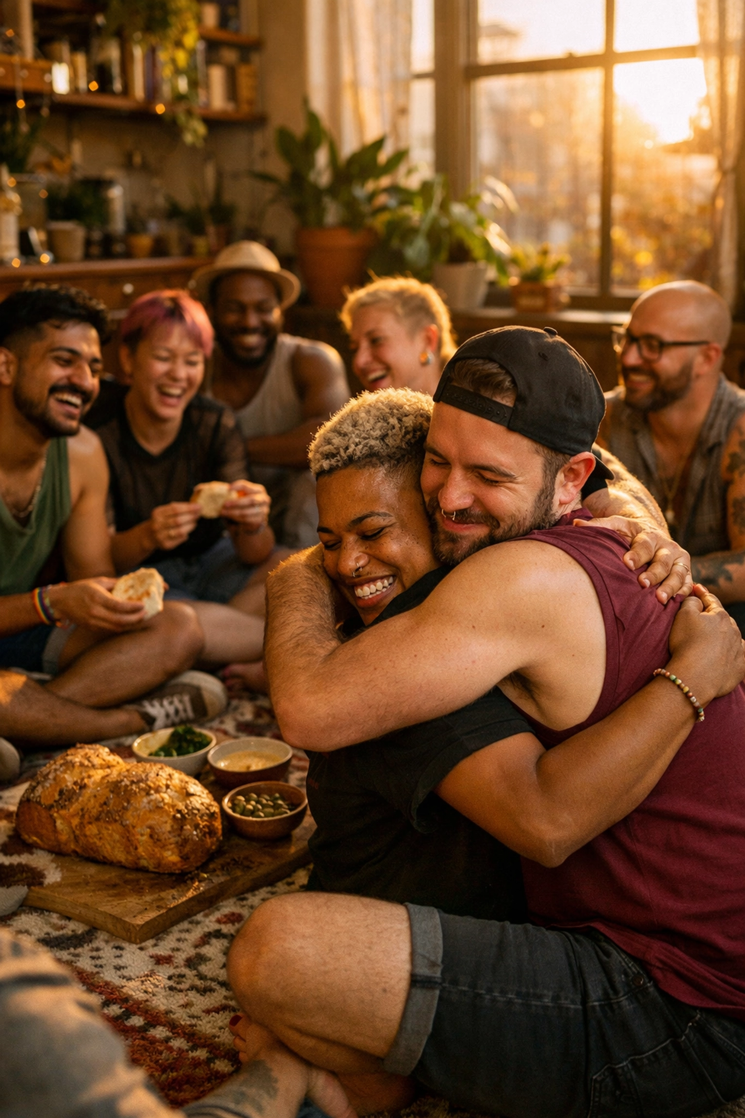 A diverse group of LGBTQ+ friends sharing a meal, representing chosen family and collective queer healing.