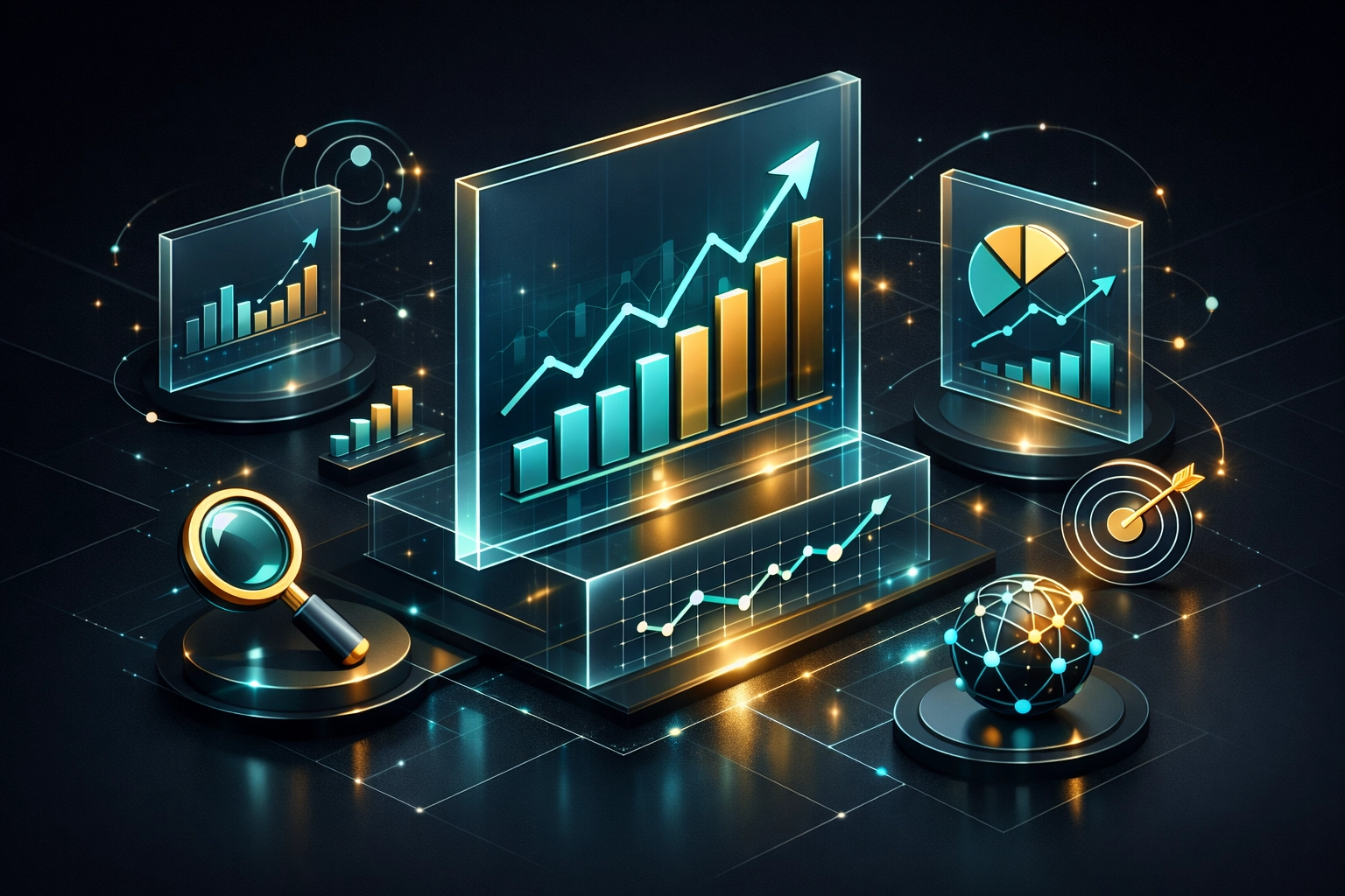 Digital marketing analytics dashboard with glowing charts and graphs for AI-driven SEO strategy.
