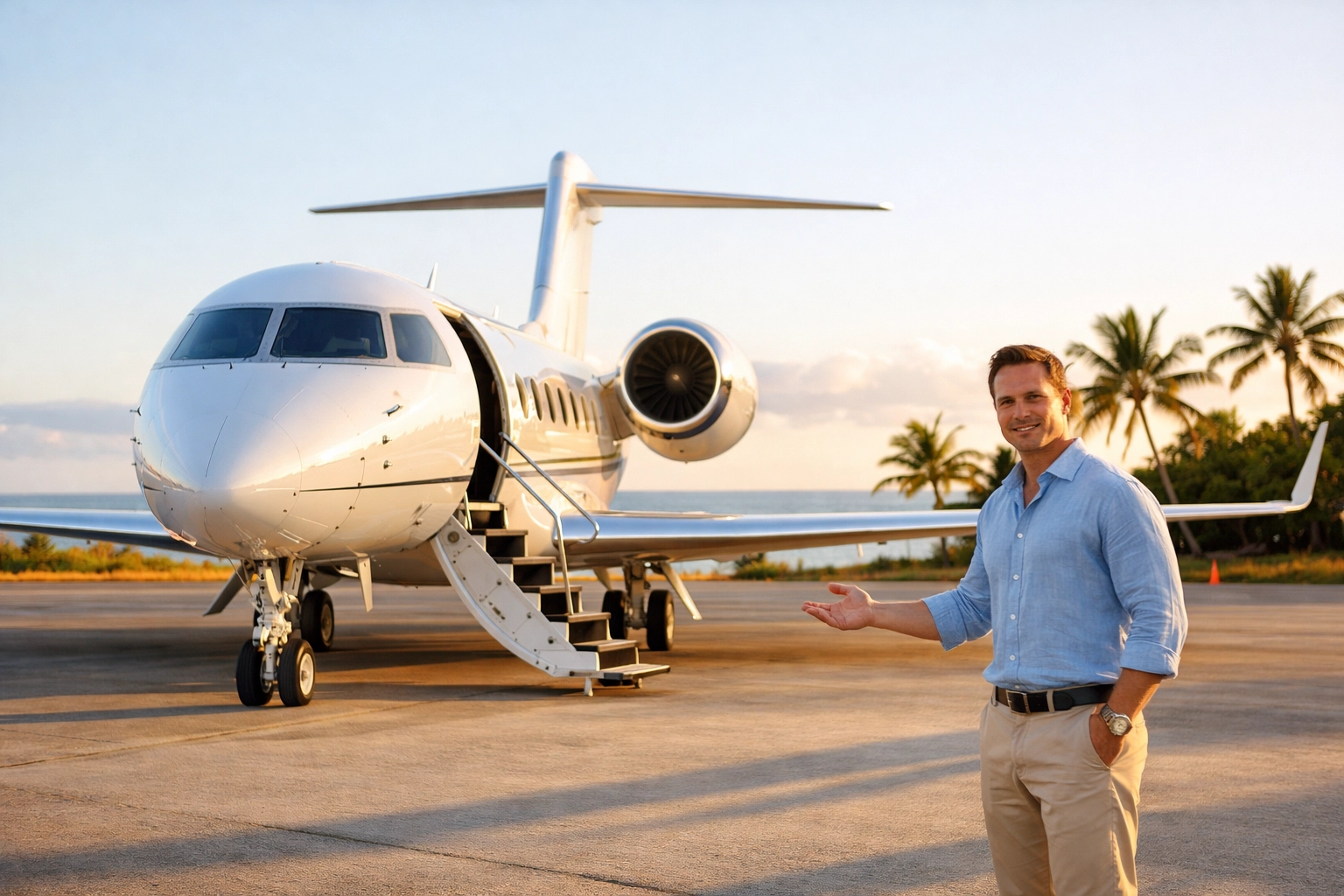 Exclusive private jet charter on a tropical island tarmac for luxury travel to dive destinations.