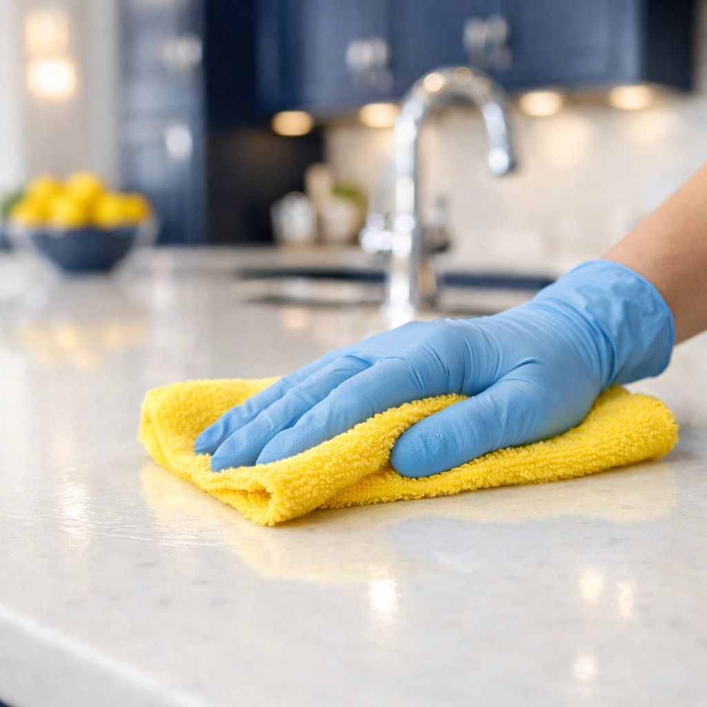 Professional deep cleaning services wiping a white quartz kitchen countertop in a streak-free Framingham home.