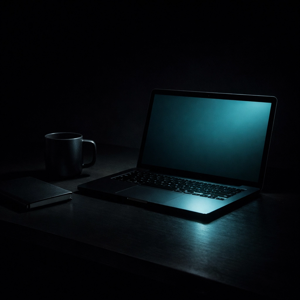 Late-night founder desk with a glowing laptop, representing the time burden of managing a traditional SDR.