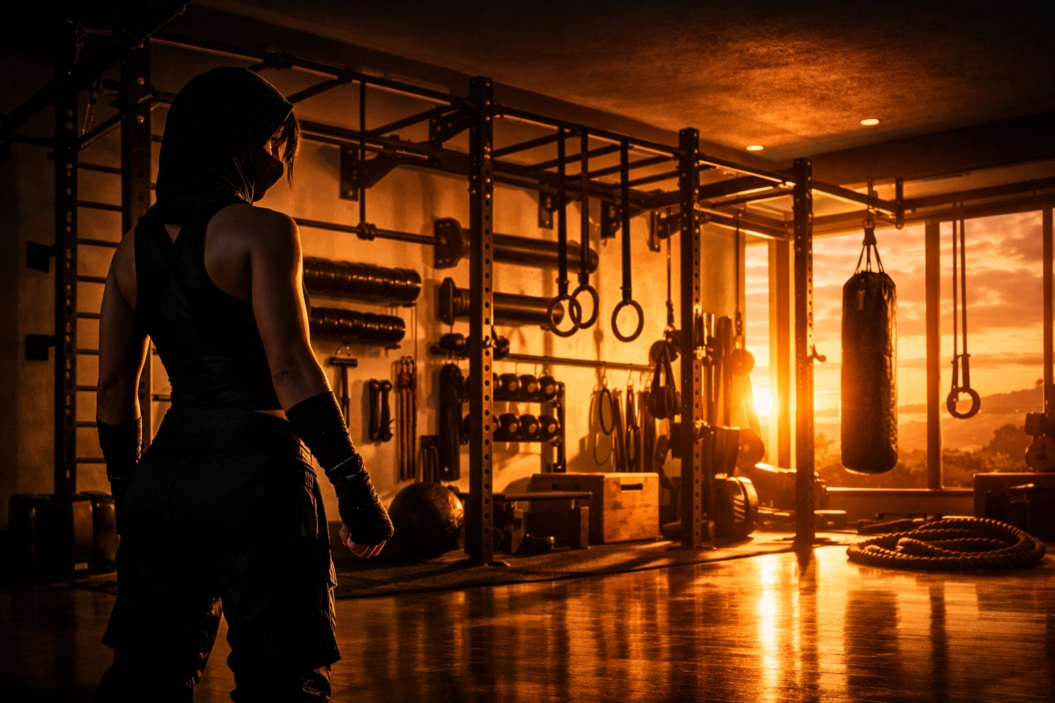 Female ninja warrior standing by her home gym equipment ready for a full body workout at home.