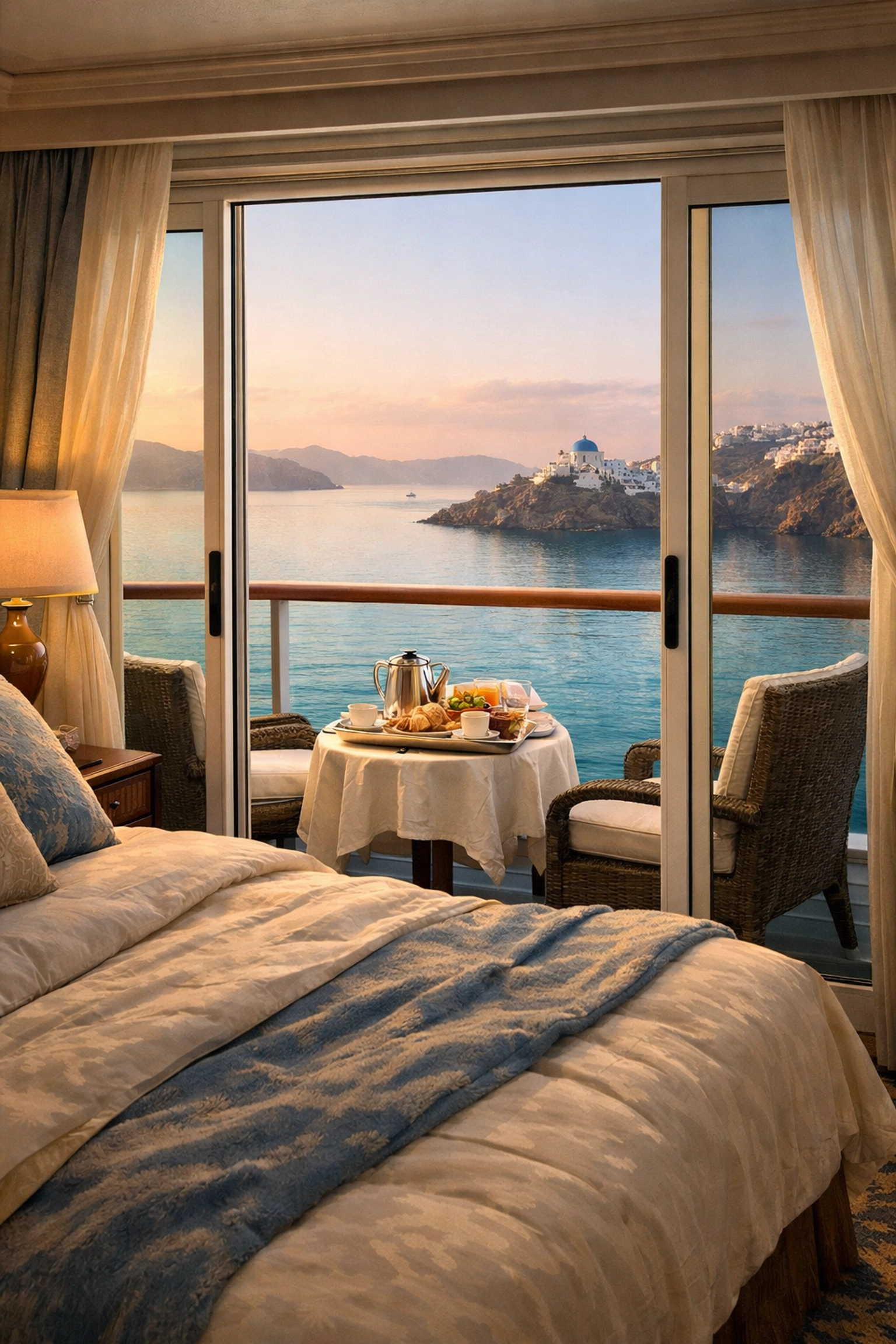 Luxury cruise balcony stateroom with breakfast and Greek Islands ocean views at sunrise