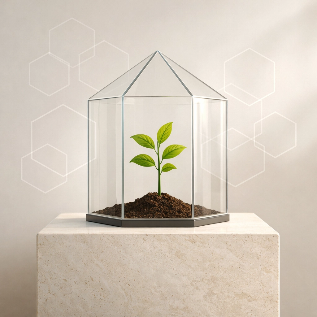 A growing sapling in a glass terrarium symbolizing tax-free growth and wealth building for families.