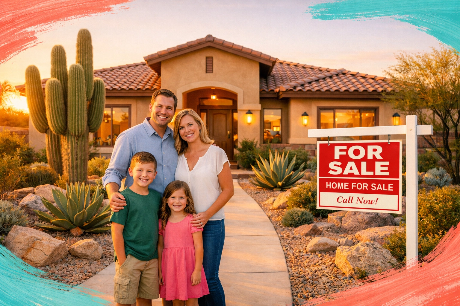 Glendale AZ home for sale with happy family in front yard and desert landscaping