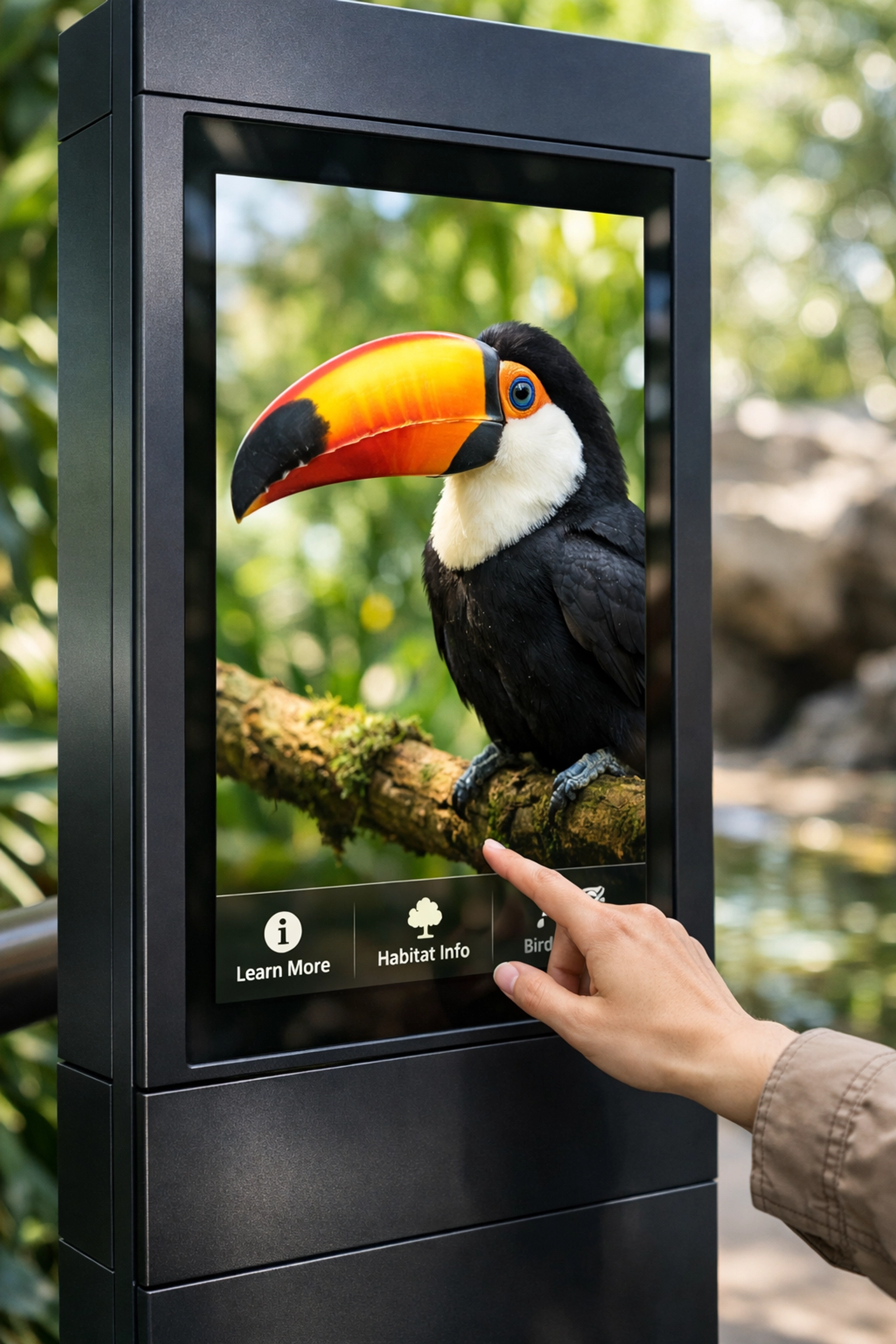 A visitor interacting with a high-definition digital signage kiosk at a modern zoo exhibit.