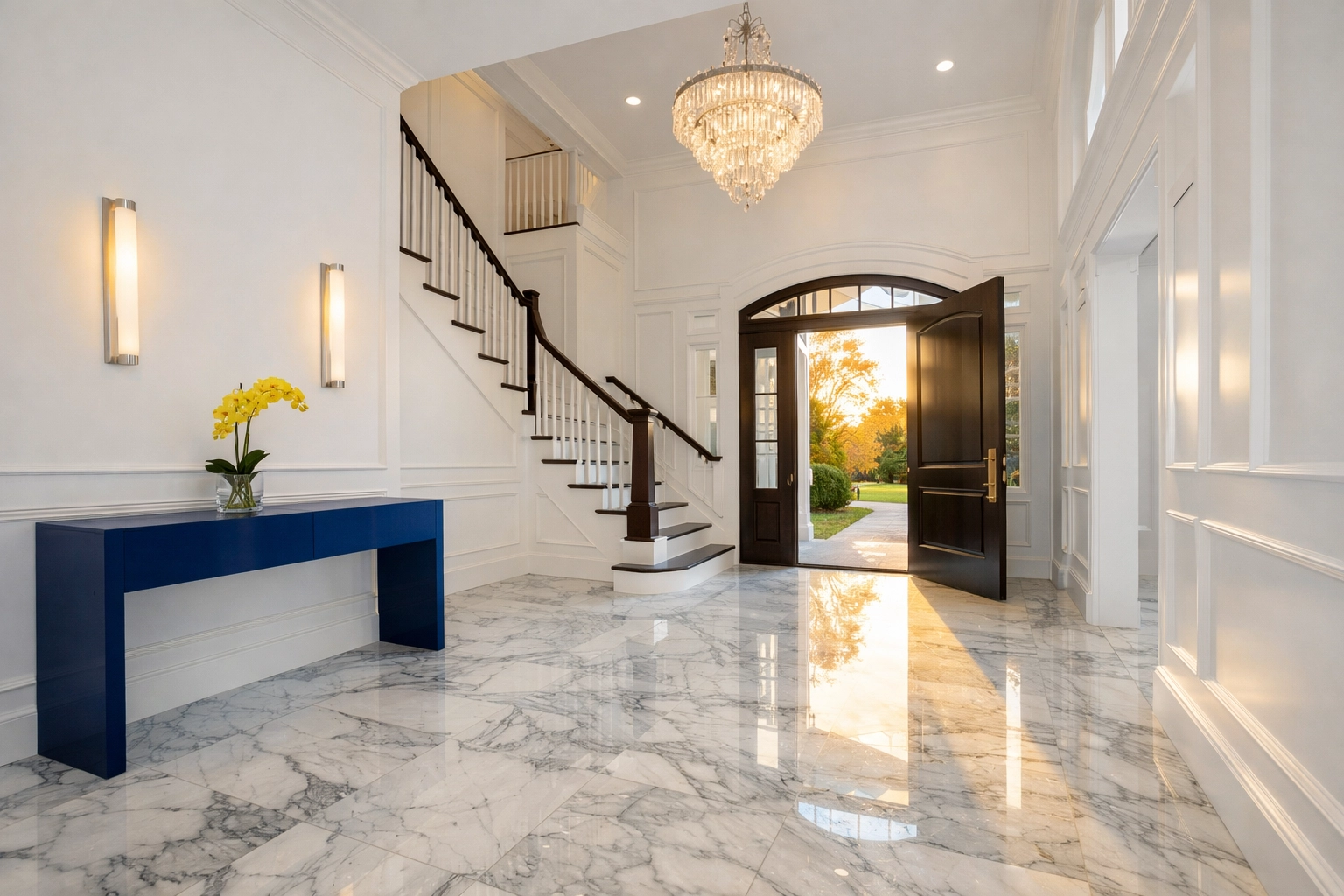Spotless modern home entryway in Wellesley with high-gloss marble floors and professional cleaning.