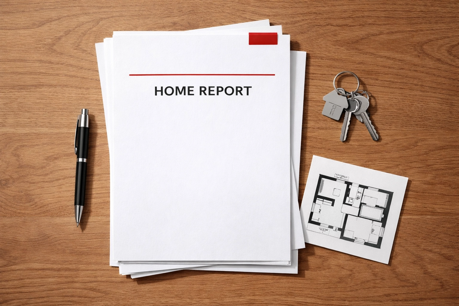 Scottish Home Report documents with house keys and property floor plans