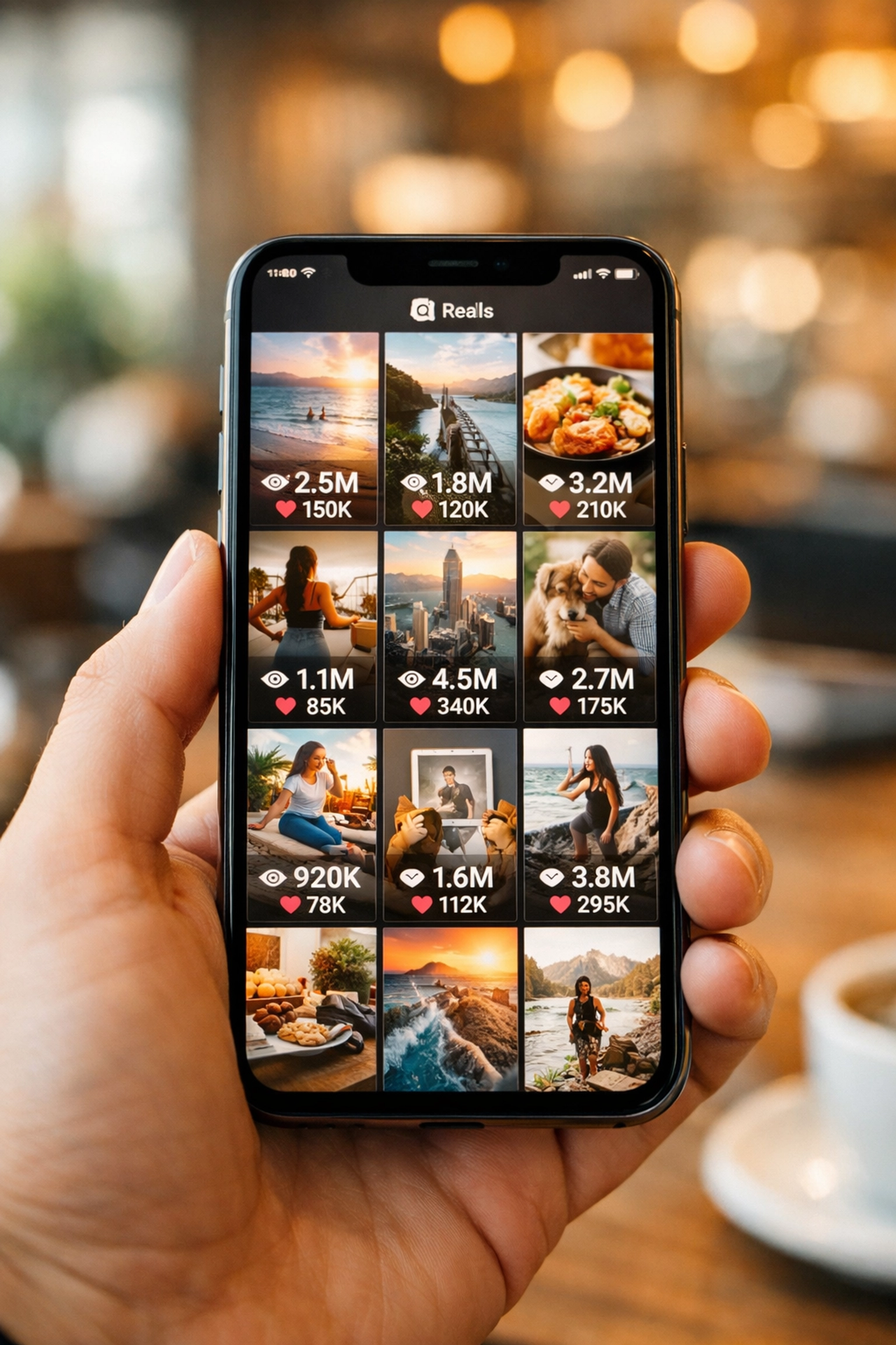 Smartphone displaying viral Instagram Reels with high engagement metrics and view counts