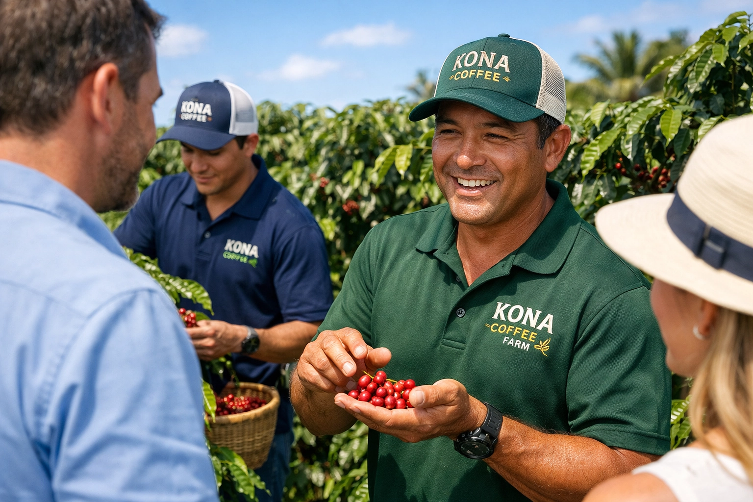 Kona coffee farm staff wearing embroidered polo shirts while giving farm tour among coffee plants
