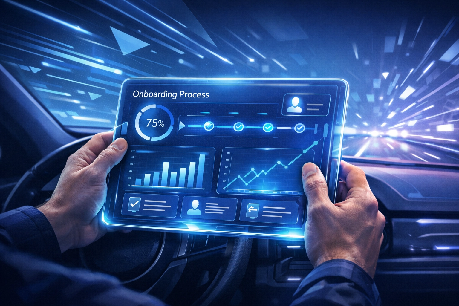 Digital tablet for streamlined driver onboarding at a Liverpool hgv agency for logistics recruitment.