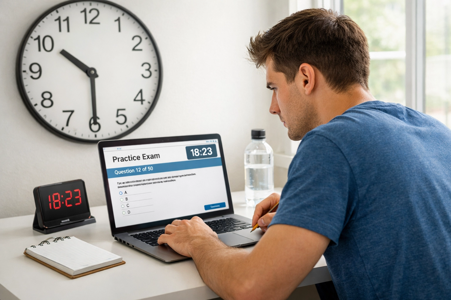 Student taking timed CLEP practice exam with clock showing time management