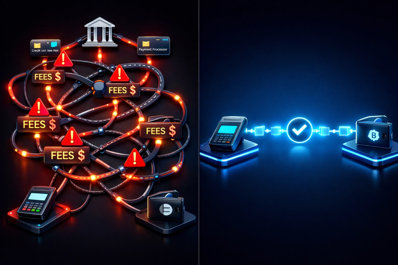 Comparison of traditional payment processing vs blockchain crypto payment system