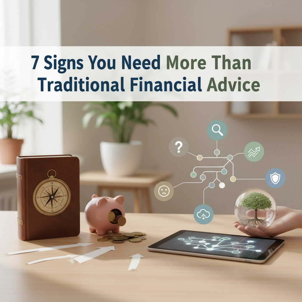 “7 Signs You Need More Than Traditional Financial Advice” blog title displayed over a calming abstract background.