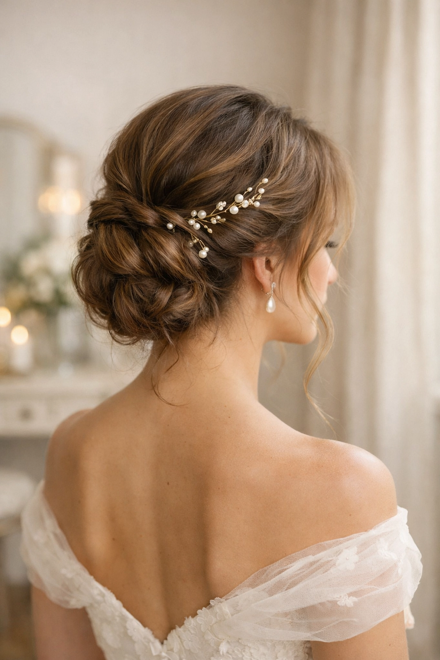 Romantic bridal updo with a textured low bun and jewelry for a Concord NH wedding.