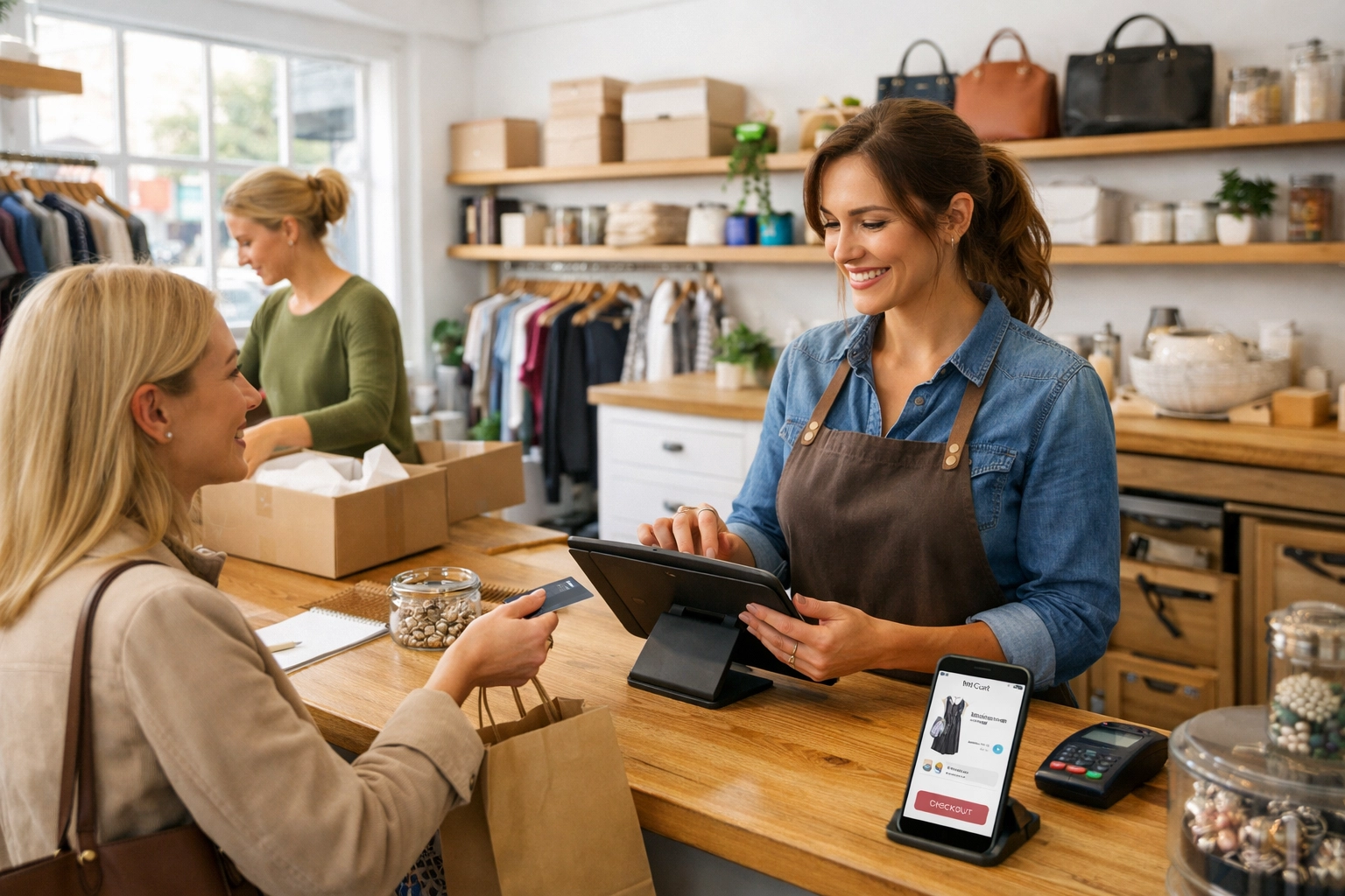 UK retail shop staff using tablet POS system for omnichannel sales and customer service