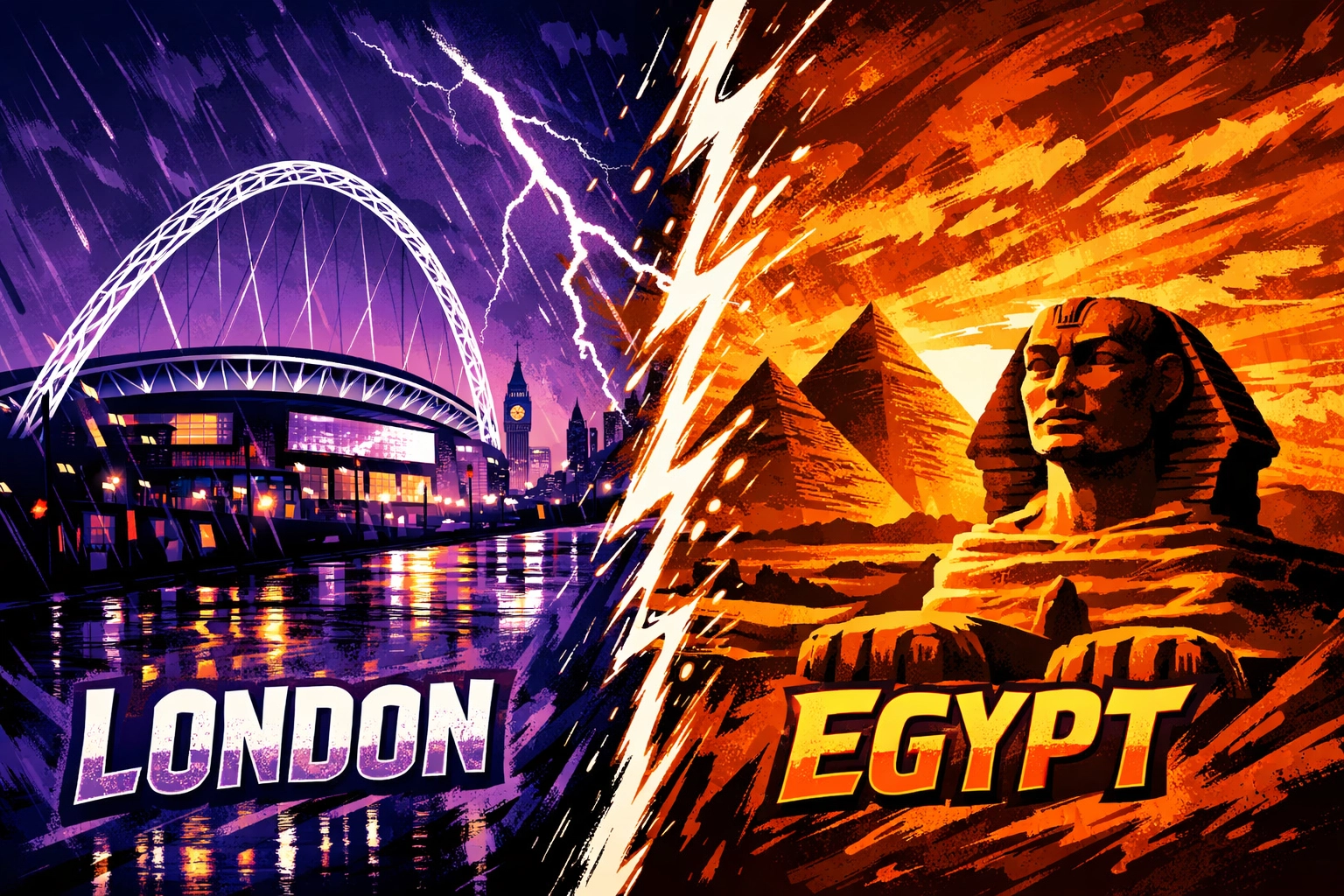 Split-screen of Wembley Stadium and the Giza Pyramids representing the Tyson Fury vs Oleksandr Usyk fight locations.