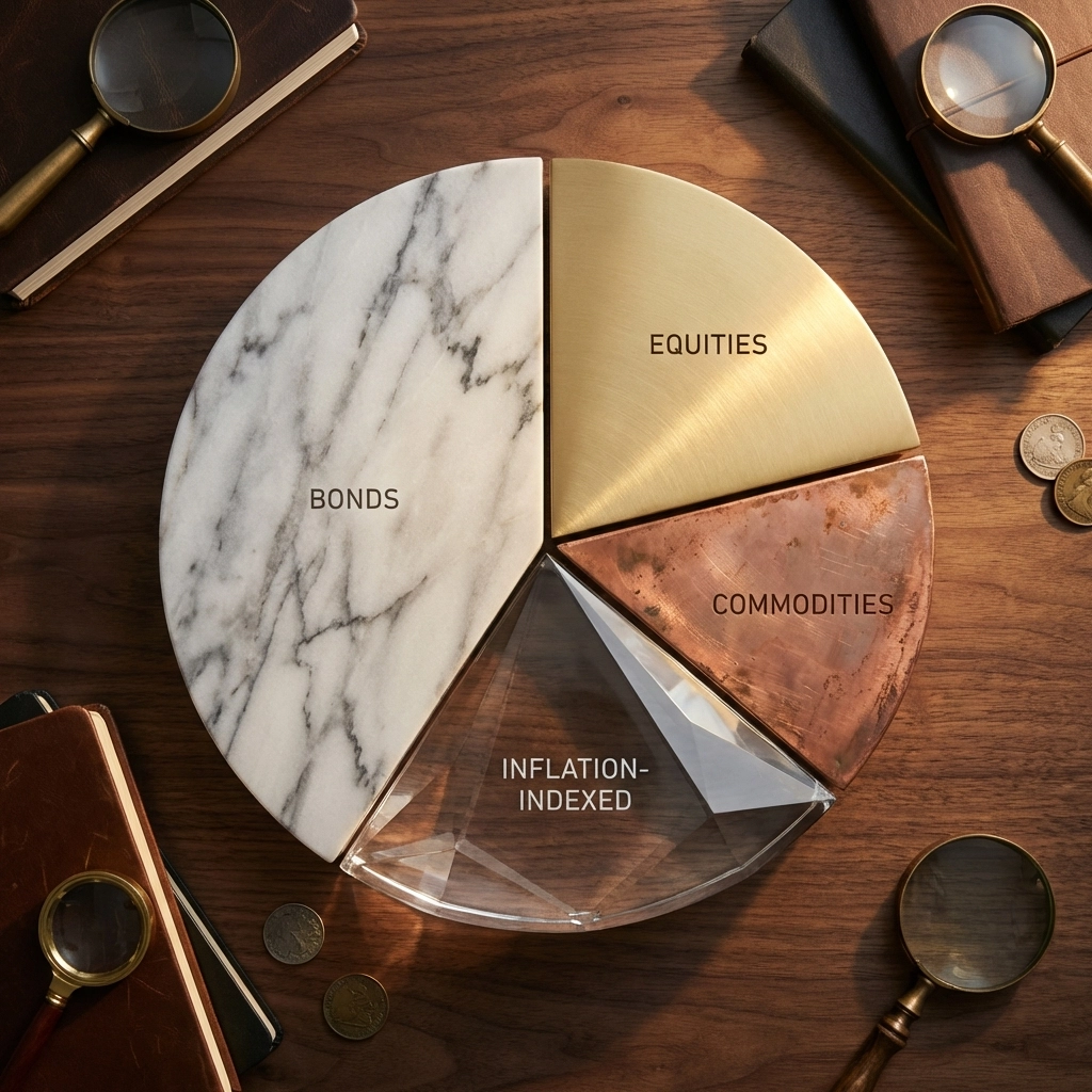 Luxurious circular pie chart representing portfolio diversification across bonds, equities, commodities, and inflation-linked assets.
